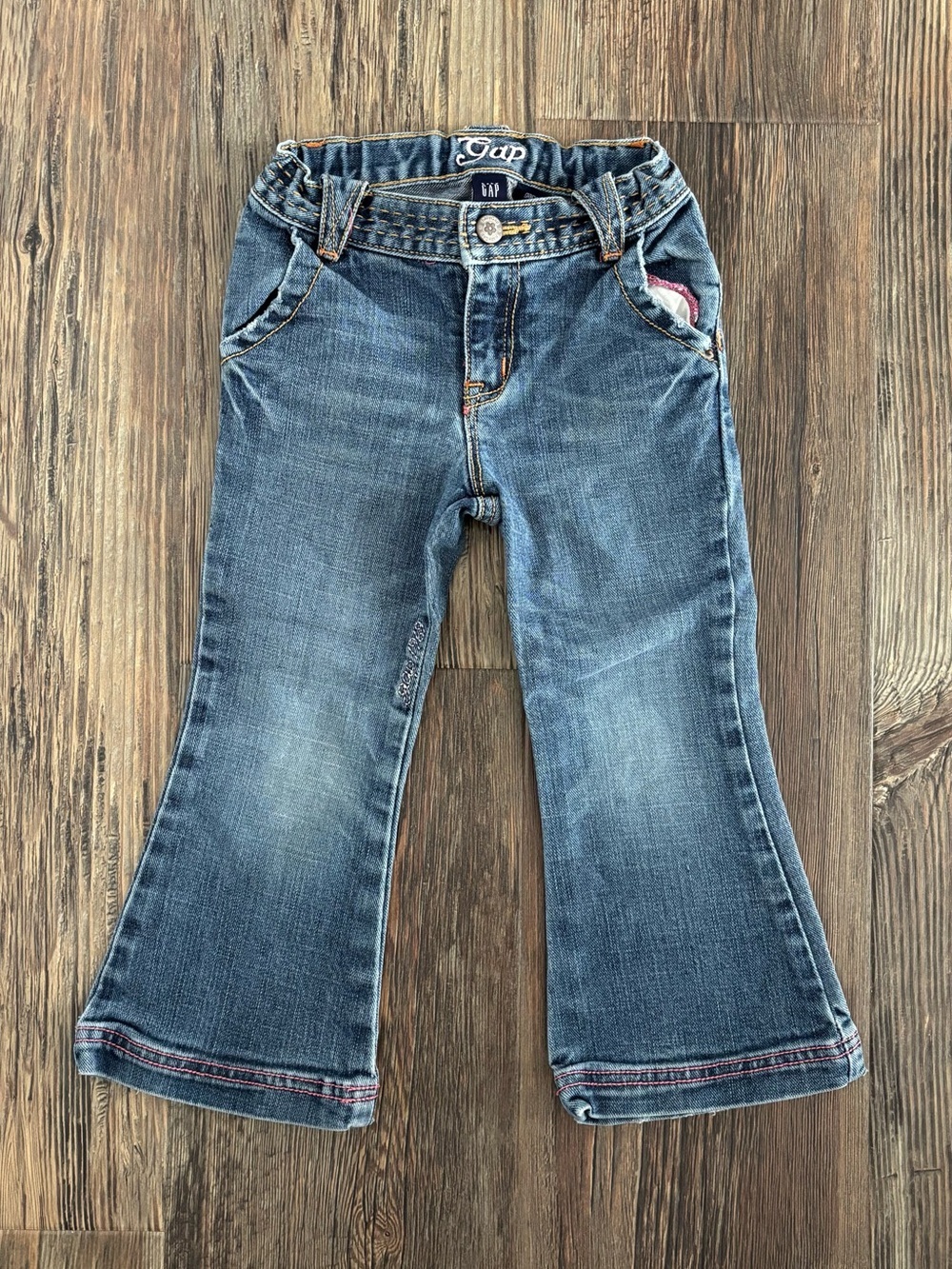 Y2K Baby Gap Denim Stretch Jeans 3T Blue Pink Stitch “Gap 1969” Embroidered ‘06